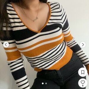 Striped V-Neck Sweater - Black, White, and Orange